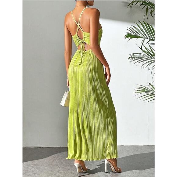 Shein Lime Green Satin Long Flowy Strappy Maxi Dress Medium - Picture 5 of 13